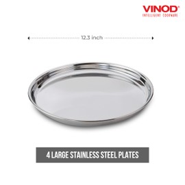 Vinod Mix Dinner Plate Set | 2 12’’ Plates & 2 10’’ Plates | Ideal For Indian Household | Dishwasher Safe | Silver-Finish | Stainless Steel | Eco-Friendly Tableware | Corrosion-Resistant | Pack of 4