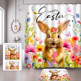 Lutto Easter Shower Curtain, Colorful Spring Shower Curtains for Bathroom, Easter Shower Curtains for Bathroom, Easter Spring Bunny Floral Flower Eggs Bathroom Set for Bathroom Decorations, 72"X72"
