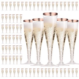 DYUEE Gold-Trim Champagne Flutes 75PCS, 150ml Plastic Reusable Party Champagne Cups, for Garden Weddings, Anniversaries, Baby Showers, Parties, Picnics, & Camping