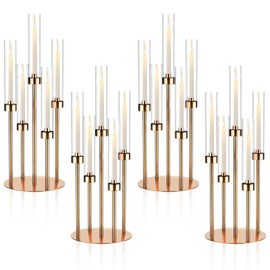 foriy 5 Arm Gold Candelabra Centerpieces for Table 4 Set Floor Candelabras Metal Candlestick for LED Candle 26'' Tall Candle Holders with Acrylic Lampshade for Wedding Party Fireplace