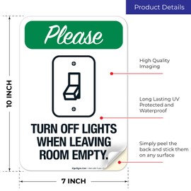Sigo Signs, Please Turn Off Lights When Leaving Room Empty with Graphic Sign, 10x7 Inches, 4 Mil Vinyl Decal Stickers Weather Resistant, Made in USA