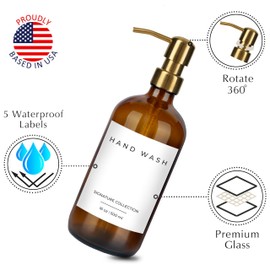 Emerson Essentials Glass Soap Bottle Dispensers, 2 Pack, Stainless-Steel Pumps Rust-Free, Hand Set for Bathroom Kitchen Sink, Liquid Lotion Shampoo Jars with 4 Waterproof Labels, 16 Oz Amber/Gold