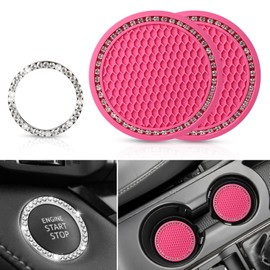 OUZORP Car Cup Coasters Rose RED 2 Pack with Push Start Button Bling Ring 1 Pack | Anti-Slip Car Coasters for Cup Holders…