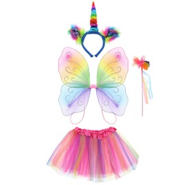 Zac's Alter Ego 4 Piece Fancy Dress Butterfly Wings, Unicorn Headband/Cat Ears & Tutu Fairy Set