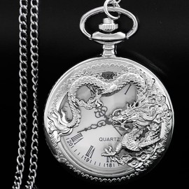 Tiong Silver Vintage Hollow Engraved Dragon Pocket Watch with Chain Necklace Unique Roman Numerals Men Pocket Watches