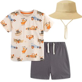 GEMCYN Boys 2 Pieces Outfits Dinosaur Short Sleeve T Shirts Tops & Shorts Toddler Children Kids Outfits Set + Bucket Sun Hat