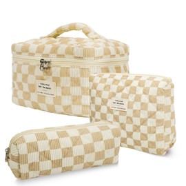 Hatende 3Pcs Cotton Quilted Makeup Bag Set,Large Floral Cosmetic Bag，Aesthetic Toiletry Travel Makeup Bag Set and Cute Flower Bag for Women Girls (White Brown Plaid)