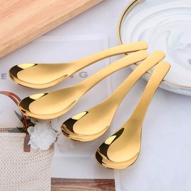 Juego de cucharas y palillos chinos de metal para 4 personas, reutilizables, de acero inoxidable, con mango corto, asiático, regalo de Navidad, apto para lavavajillas (dorado)