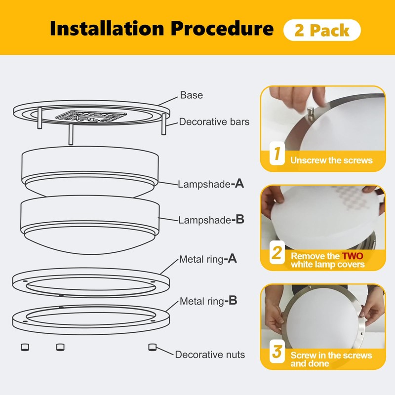 LED Ceiling Light Fixture with Remote 2 Pack 14 Inch