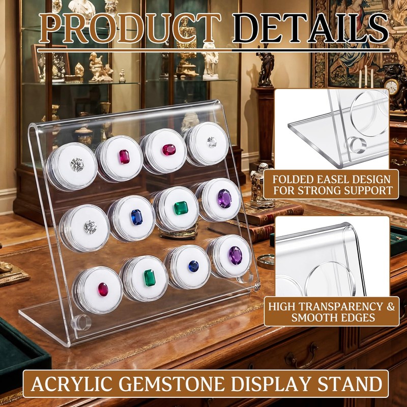 Yalikop Acrylic Gemstone Display Stand with 12 Clear Jars, Acrylic