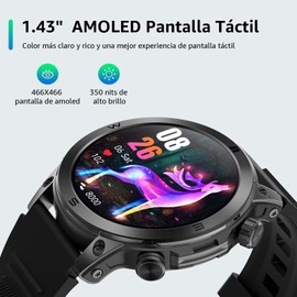 FreshFun Smartwatch 1.43" AMOLED con Llamada Bluetooth, Reloj Inteligente Hombre Impermeable IP67, Monitor de Frecuencia Cardíaca/Oxígeno en Sangre/Sueño, 100+ Modos Deportivos para Android/iOS, Negro