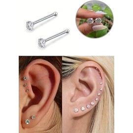 6PCS 20g Stainless Steel Nose Stud clear jewel cubic zirconia nose studs Tragus Earring Bars Set Unisex Women Men 1.8mm Clear Diamond