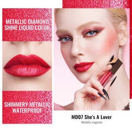 Oulac Red Lip Gloss Metallic Shine Lipstick for Women, Long Lasting Waterproof, High Impact Lip Color, Smooth Aslo for Eyeshadow 3D Metallic Finish, No Transfer, Vegan, 4.5ml, MD07