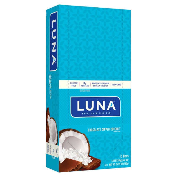 LUNA BAR - Gluten Free Snack Bars - Chocolate Dipped Coconut Flavor -8g of protein - Non-GMO - Plant-Based Wholesome Snacking - On the Go Snacks (1.69 Ounce Snack Bars, 15 Count)