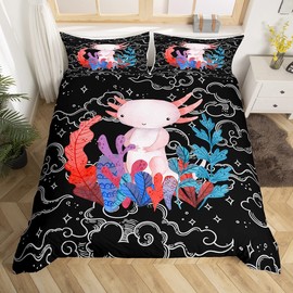 Cute Axolotl Bedding Set Queen Size for Kids Boys Bedroom Cartoon Salamander Bed Duvet Cover Set Kawaii Animals Comforter Cover Constellation Black Decor 3 Pieces 1 Duvet Cover with 2 Pillowcases