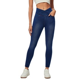 IUGA Crossover Jeggings for Women Tummy Control High Waisted Jeans for Women Pull on Skinny Stretchy Jeans with Pockets Dark Blue