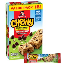 Quaker Chewy Granola Bars, Reduced Sugar Chocolate Chip, 18 Pack