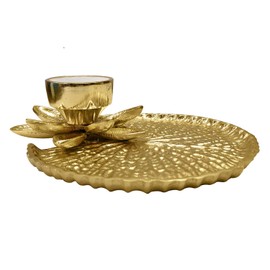Craftsman Pooja Golden Metal Designer Thali Inbuilt Flower Lotus Petals Diya Dia Traditional Indian Hindu Temple Rituals Mandir Diwali Pujan Deepawali Home Decor Platter Gifts Items