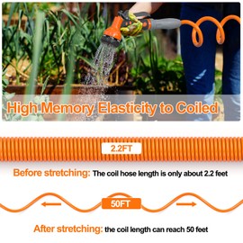 3/8” Lightweight Coil Garden Hose 50 FT, EVA Retractable Curly Water Pipe with 6-Pattern Spray Nozzle for Boat, Greenhouse, Yard, Patio (Orange)