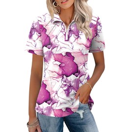 LOMON Short Sleeve Golf Shirts for Women Collared Athletic Polo Shirts Summer Quick Dry Cotton Outdoor Hiking Cute Top (Purplicious Wave,Large)