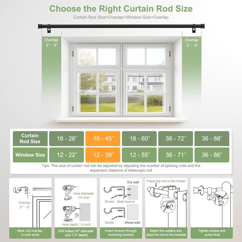 TKZTKZ Sturdy Durable Curtain Rod:Black Curtain Rods for Windows 18-45