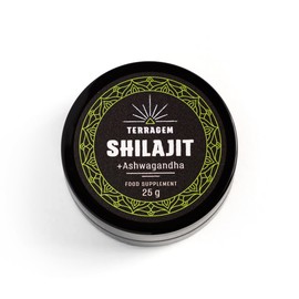 TERRAGEM Himalaya Shilajit with Ashwagandha, Mumijo, Dietary Supplement, Natural Ingredients, Rich in Minerals and Nutrients, Humic Acids, Fulvic Acids, Collector's Families, Glass Jar 25 g