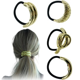 Aikeis 4 Pieces Metal Hair Scrunchies Hair Ties Fashion Hair Ties Elastic Hair Ties Gold Hair Ties for Women Geometric Style Ponytail Hair Ties