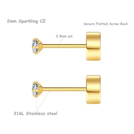 FOSIR Tiny Stainless Steel Stud Earrings Set for Women Men Cubic Zirconia Cartilage Earrings Flatback Helix Earrings, 8 Pairs, Silver Gold Black