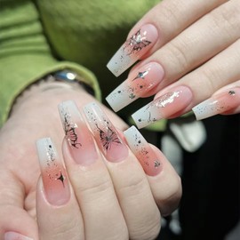 Butterfly Stars Press on Nails Long Coffin -24Pcs Butterfly Stars Fake Nails Gradient Manicure Wearable Nails Glossy False Nail Tips Artificial on Nails for Women Girls Daily Wear Nails Accessories