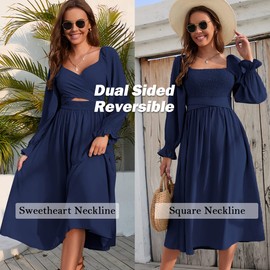 Women Tie Back Dual Sided Convertible Dress Sage Ruffle Long Puff Sleeve Twist Wrap Multi-Way Reversible Casual Party Dress