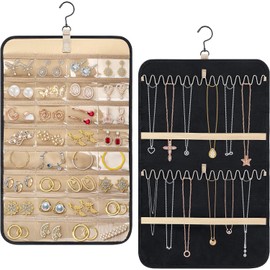 GOEDEKE Hanging Jewelry Organizer for Closet-Dual-sided Jewelry Organizer Hanging with Metal Hooks,Necklace Organizer 28Pockets and 5 Wave-Shaped Hooks,Jewelry Roll for Earrings(small)