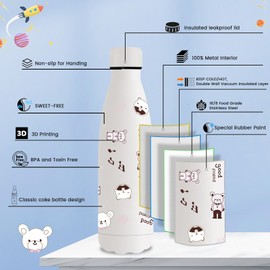 Vikastar Stainless Steel Water Bottle, 500 ml, BPA-Free Drinking Bottle, 3D Printed Thermos Flask, Leak-Proof Water Bottle for School, Bike, Camping, Fitness, White Bear