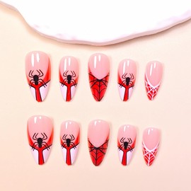 BABALAL Acrylic Press on Nails Medium Almond Fake Nails Red French Tip Glue on Spider Goth Y2k Design 24Pcs Glossy Manicure False Nails for Women Girls