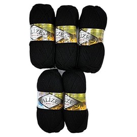5 x 100 g Alize Burcum Klasik Knitting Wool Plain 500 g Wocke Plain Acrylic Yarn (Black 60)