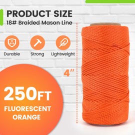 MERIANE Mason Line, 250 Ft #18 Braided Nylon String, Premium String for Masonry Jobs, Construction, Gardening, Net Making and Mending, DIY Projects, Fluorescent Orange