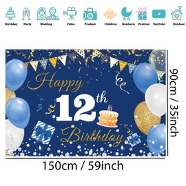 12th Birthday Decoration Boy Girl, 12th Birthday Banner, 12th Birthday Fabric Sign Poster, 12th Birthday Background Banner Boy Birthday Party Decoration, Blue