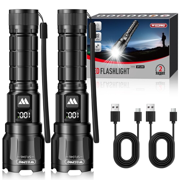 WdtPro LED Rechargeable Flashlight 2 Pack, Super Bright Zoomable 6000