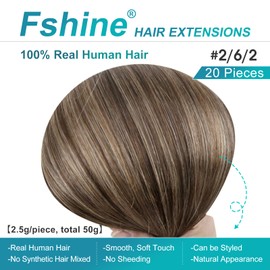 Fshine Real Hair Tape-in Hair Extensions, Colour Balayage 2 Dark Brown with 6 Medium Brown and 2 Dark Brown, 20 Pieces, Tape in Extensions, Straight, 30 cm, 30 g
