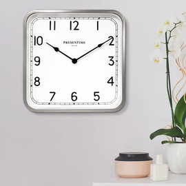 Presentime & Co 16" Anton Vintage Square Clock, Silent No Ticking, Wall & Mantel 2 in 1 Clock, Desk and Shelf Clock, Tabletop Décor, Modern Silver Color