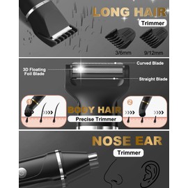 RAXMETRY Beard Trimmer for Men,Manscape 3-in-1 Electric Razor Groin Groomer,IPX7 Waterproof Wet/Dry,Versatile Body Hair Trimmer for Ball/Beard/Nose,USB Rechargeable & Nose/Shaves Head,Silver