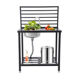 Free Standing Stainless Steel Sink with Cold & Hot Water Pipe, 360° Adjustable Faucet Single Bowl Sink with Bottom Shelf and Top Rods, Indoor and Outdoor Sink for Laundry, Garage, Garden, Kitchen