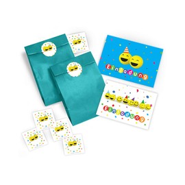 12 Invitation Cards + 12 Envelopes / Blue + 12 Bags / Blue + 12 Stickers for Children's Birthday Parties for Girls and Boys "Party Balls"