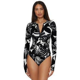 Trina Turk Women's Standard Paddle One Piece Swimsuit, Rash Guard, UV Protection, Zip Front, Long Sleeve, Bathing Suits, Lennox (Black Vanilla), Small