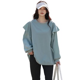 Teddy rashguard027-A Women's Long Sleeve Rash Guard, Slit Leggings, Top and Bottom Set, Amphibious, No Hood, Thin, A: Dusty Blue