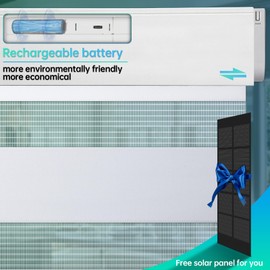 DENFOON Motorized Zebra Blinds, Solar Powered Dual Layer Automatic Shades with Remote Control, Rechargeable Smart Blinds Horizontal Wireless Electric Shades for Windows, Custom Size, White， 26 x 72