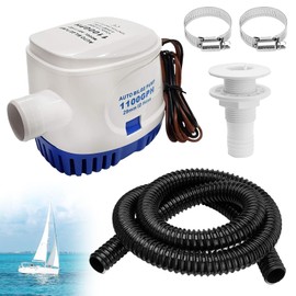 1100 GPH Automatic Boat Bilge Water Pump 12V, 1-1/8 Inch Dia Bilge Pump Plumbing Kit with 6FT Hose, 2 Clamps, Thru-Hull Fitting, Ideal for Fishing Boats, Cruisers, Runabouts, Yachts