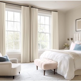 INOVADAY Blackout Curtains, 2-Panel Linen Textured 100% Thermal Insulated Room Darkening Sun Blocking Drapes for Bedroom, Nursery, Living Room + 20 Curtain Ring Clips - W50 x L96, Light Cream