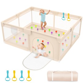 Abdtech Playpen for Babies and Toddlers 79x71inch - Extra Large Baby Gate Play Pen with Soft Breathable Mesh Cover - Indoor and Outdoor Baby Playard - Portable Playpen for Babies (Apricot)