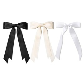 3pcs Silky Satin Hair Bows with Tassel for Women Tassel Ribbon Bowknot With Long Tail Tassel Ribbon Bowknot Clip Girl, Solid Accessories Barrettes Claw Bow for Ponytail Holder (Black&Beige&White)