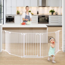 COMOMY 127.8" Extra Wide Baby Gate, Dog Gate for House Stairs Doorways Fireplace, Auto Close Pet Gate with Door Walk Through, 5 Metal Panels, Hardware Mounted Baby Fence Indoor Outdoor(30" Tall,White)